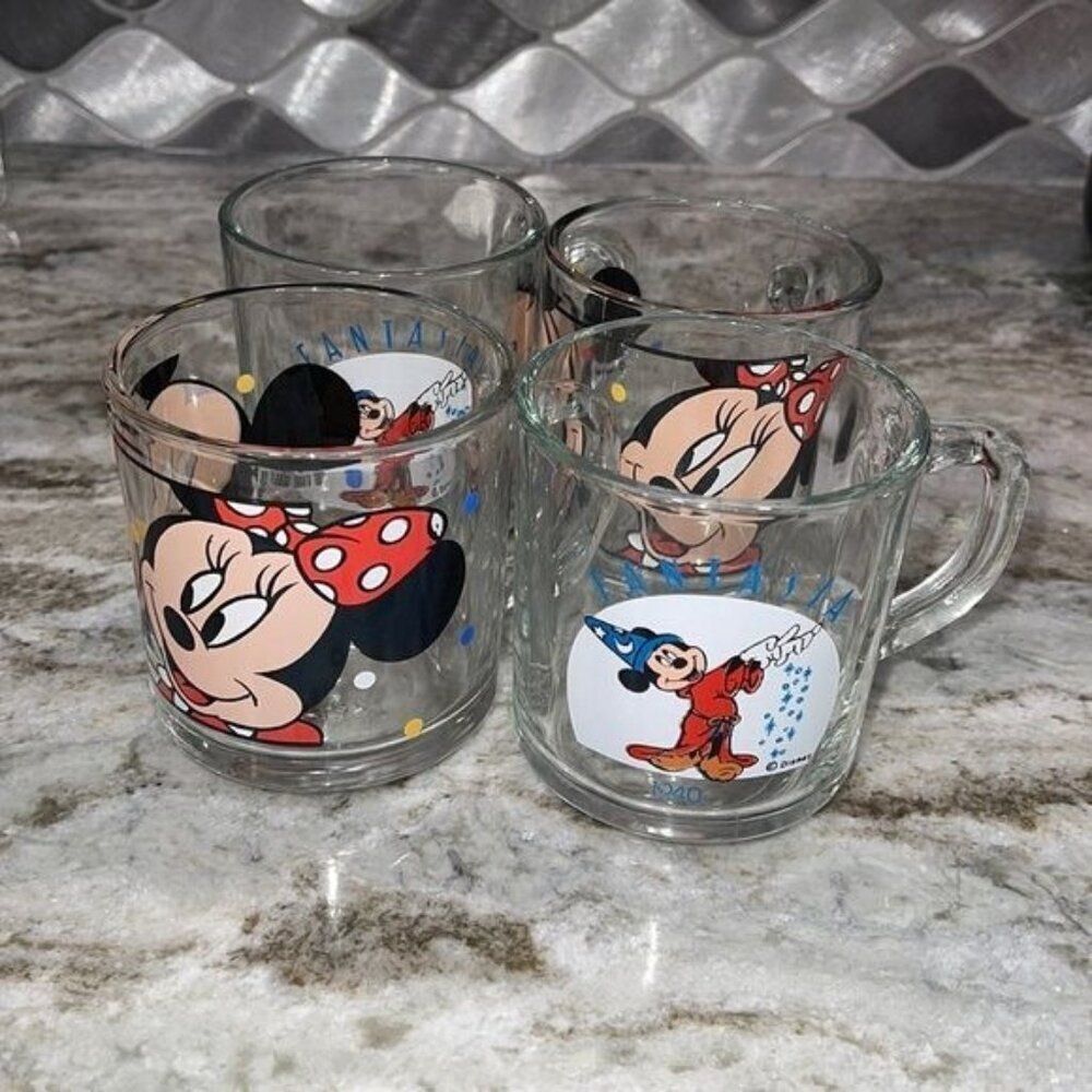 Disney Mickey / Minnie Mouse / Fantasia Glass Mugs 4 pieces